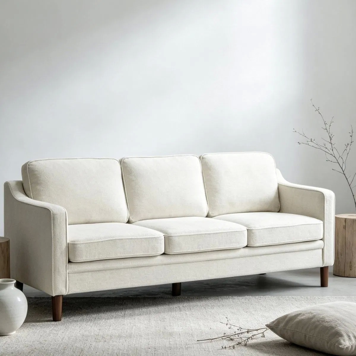 Fresh Light Cream Three Seater Sofa for Modern House Living Room Simple Style Renovation