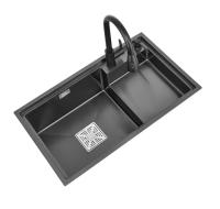 Bassin en acier inoxydable à double bol noir, accessoires et drainage inclus