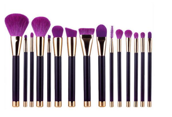 15 Pieces Popular Makeup Brushes Made Of Three Color Nylon Hair And Gold Aluminum