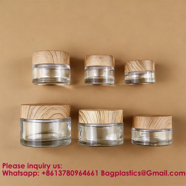 Glass Jars With Lids Clear Small Jars With Plastic Woodgrain Lids, White Labels And Inner Liners Empty Round Cosmetic Containers For Creams Lotions Candle Making (Clear)