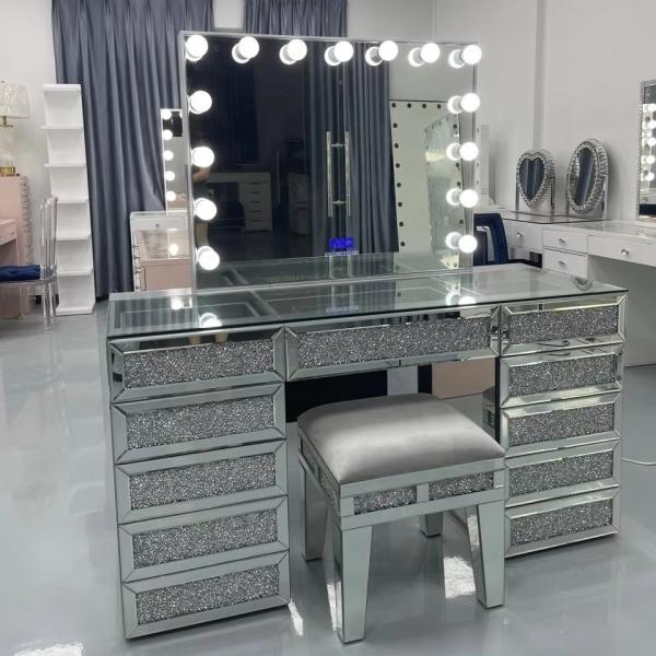 Modern Design Oak Makeup Table With Lighted Mirrored Dresser Vanity Desk And Storage