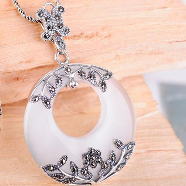 Thai Silver Moon Stone Pendant Necklace Marcasite Vintage Jewelry(N11061WHITE)
