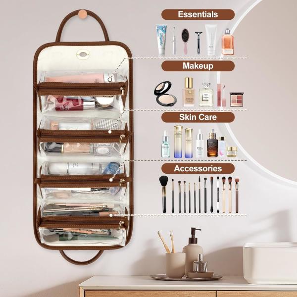 DuPont Travel Folding Storage Cosmetic Bag, pu lether Travel Makeup Organizer Bag, Foldable Toiletry Bag With Detachable Pouches, Large Capacity 4-In-1 Roll-Up Cosmetic Storage With Handle For Women