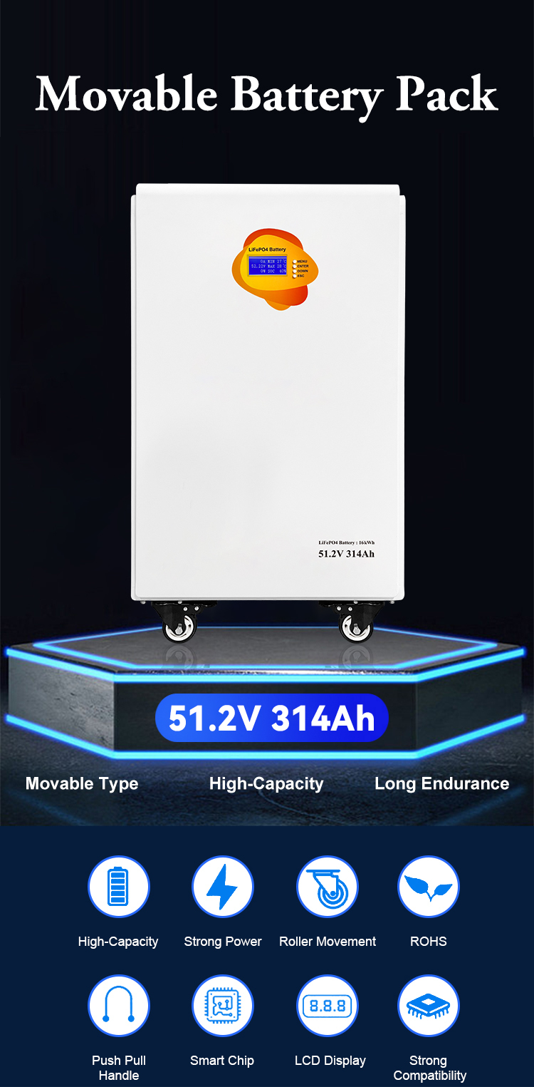 51.2V 314Ah 16kWh LiFePO4 Battery Pack 8000 Cycles CAN RS485 LCD Wheels For Solar Energy Storage
