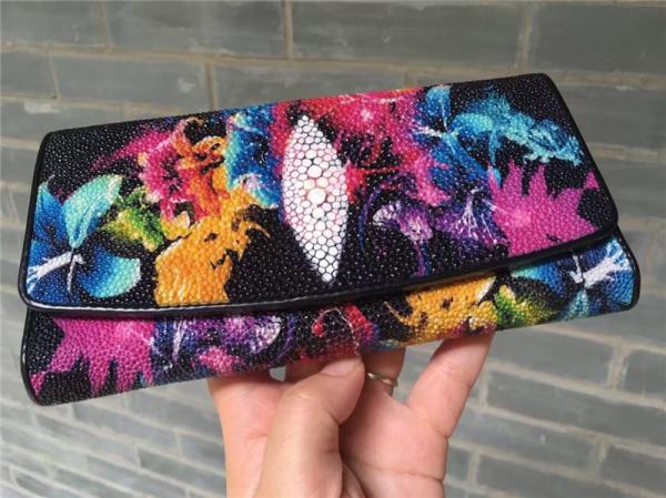 Authentic Stingray Skin  Closure Female Large Flower Purse Wallet Genuine Leather Lady Phone Clutch Women Card Holder