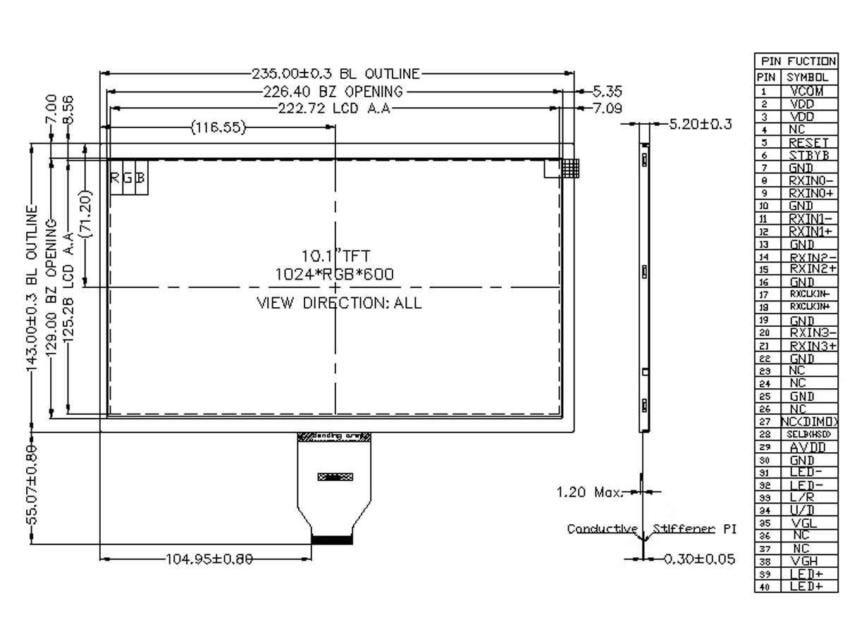 10.1 дюймовый tft дисплей, разрешение 1024x600, интерфейс LVDS 40 пин, 500cd/m2