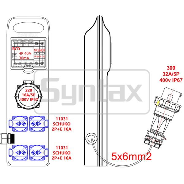 Syntax CT3 32AMP 8 Outlet Power Splitter Cord IP44 Waterproof With 8 Schuko Sockets 490*142*95mm