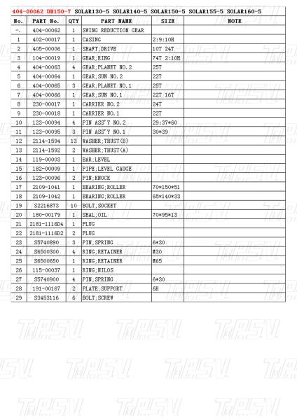 404-00062 DH150-7 Excavator Swing Drive Catalog Motors for Multiple Brands and Models