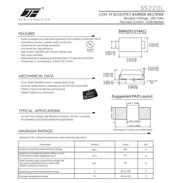 DO-214AC Package SS220L 2A 200V Low VF Schottky Diode with Silicon Alloy Structure
