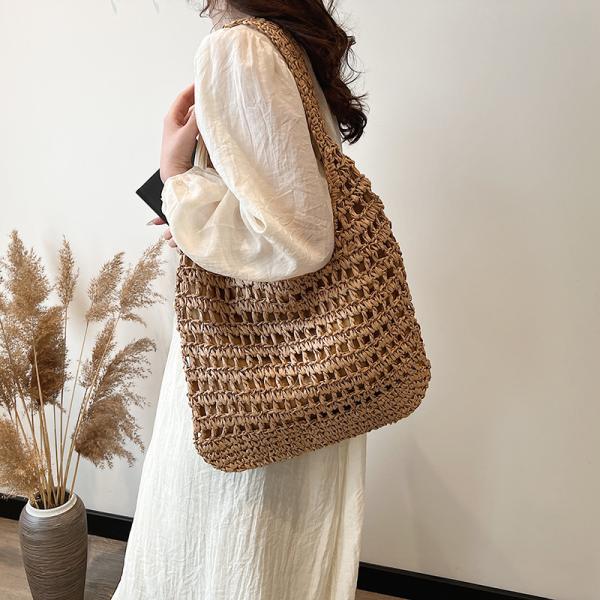 Bolsas Personalizadas Logo Bolsos De Paja Tejida Custom Raffia Clutch Woven Crochet Shoulder Women Handbags Beach Straw Bag Mesh Beach Bag Crochet Tote Bag Straw Crochet Purses for Women Raffia Tote