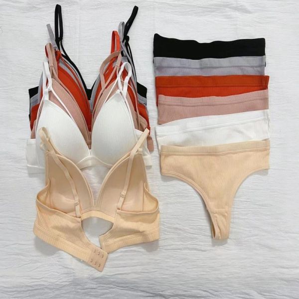 Wholesale High Quality New Fashion Bra With Thong Panty Set Cotton Quality Breathable Wire-Free Pad Adjusted Straps Bra