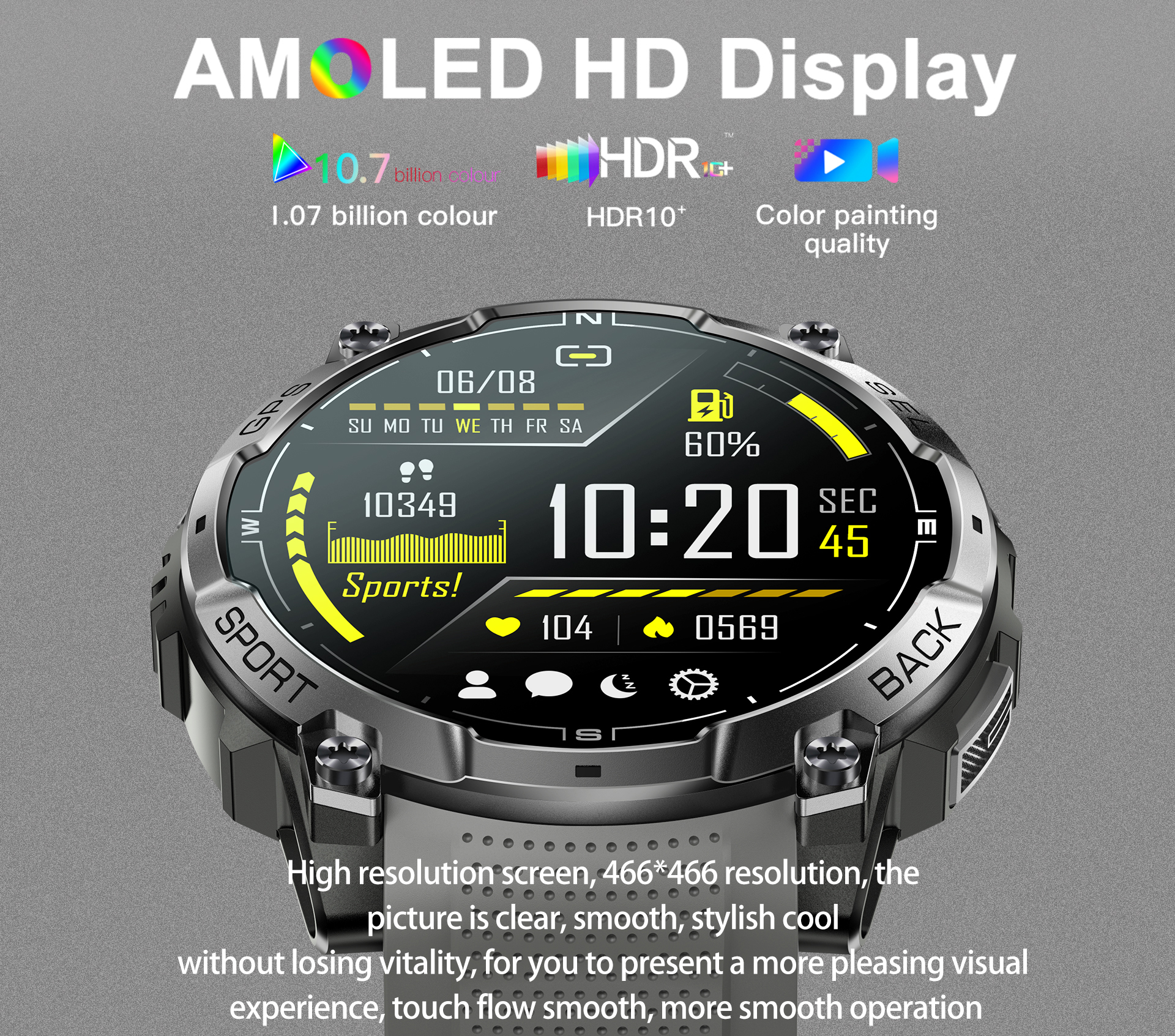 New K76A Android Smart Watch GPS AMOLED Display Chip ATS3085L 3ATM BT Call Answer Calls Message Push Compass LED Flashlight 5-10