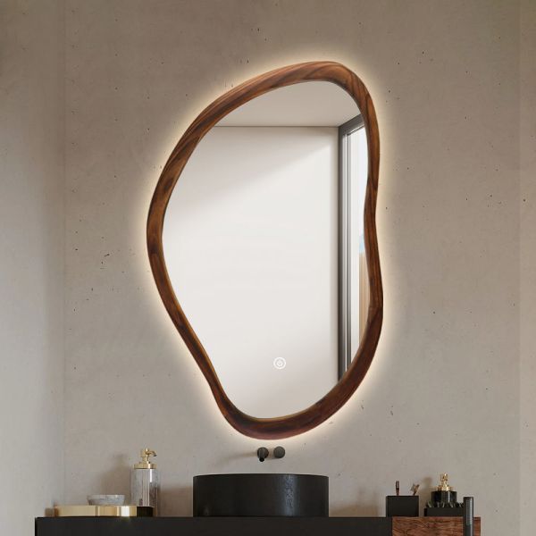 Walnut Wood Frame Irregular Bathroom Mirror 5mm With Edge Lighting Dimming