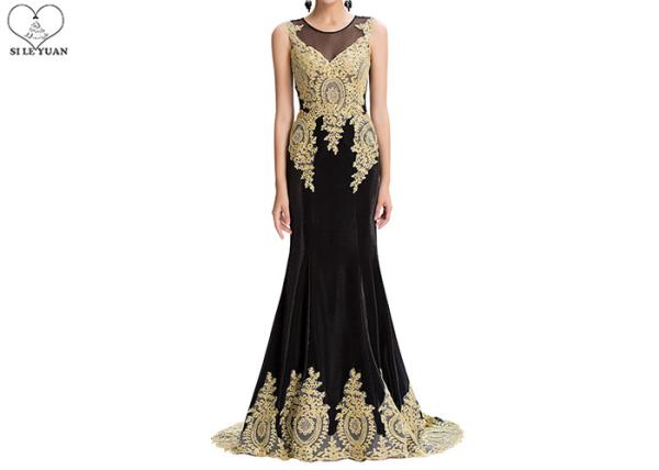 Velvet Fishtail Long Mermaid Style Prom Dress Gold Lace Sleeveless Open Back