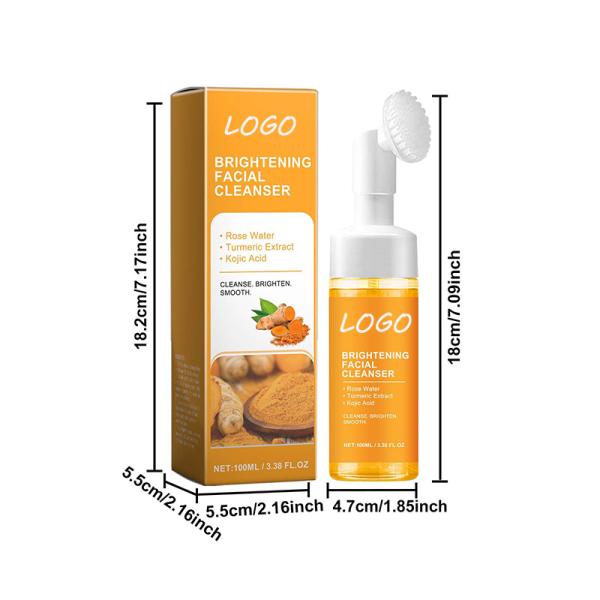 Étiquette privée Lumière blanchissante Nettoyage en profondeur Curcuma organique Acide kojique Nettoyeur facial mousse Laver le visage avec un pinceau