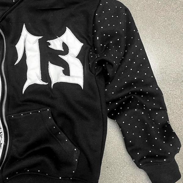 Men'S Cotton French Terry Hoodie Cropped Zip With Acid Wash Embroidery Applique Patch