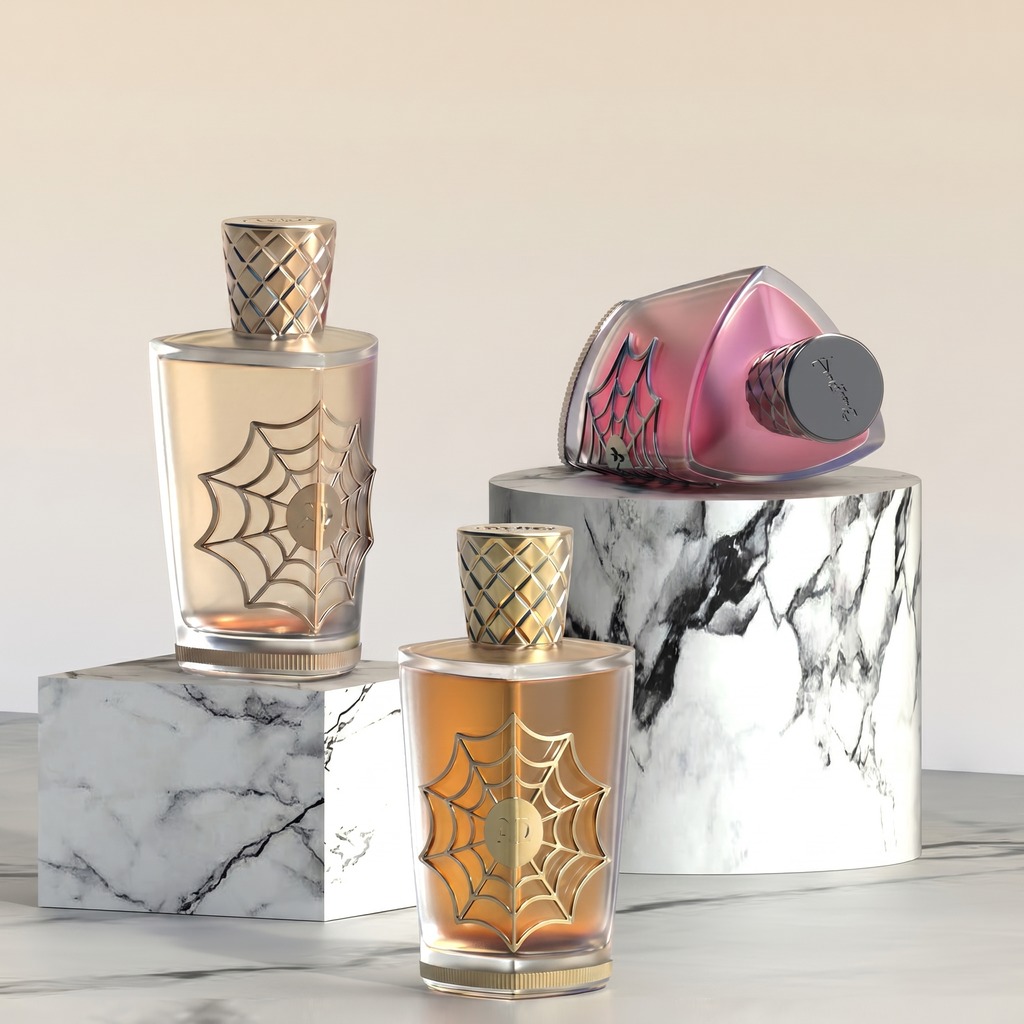 100ml Glass Perfume Bottles Empty Unique Spray Triangle Spider Web Metal Cap