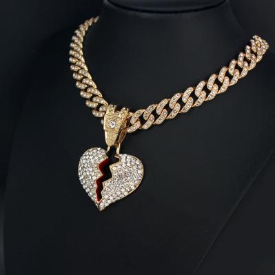 Fashion Hip Hop Borken Heart Pendant Necklace Hiphop 11mm Cuban Link Chain Necklaces For Women Men Jewelry Party Gifts