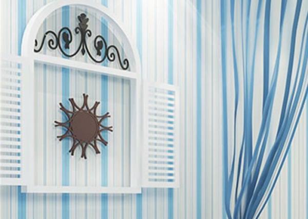 Embossed Kids Bedroom Wallpaper , Vinyl Blue and White Striped Wallpaper