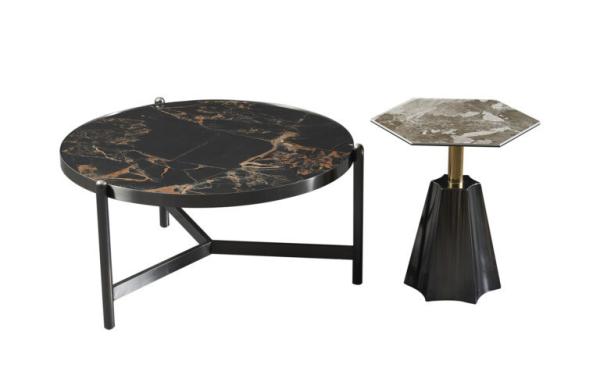 Grandeur Trident Marble Ceramic Coffee Table  Black Titanium Base