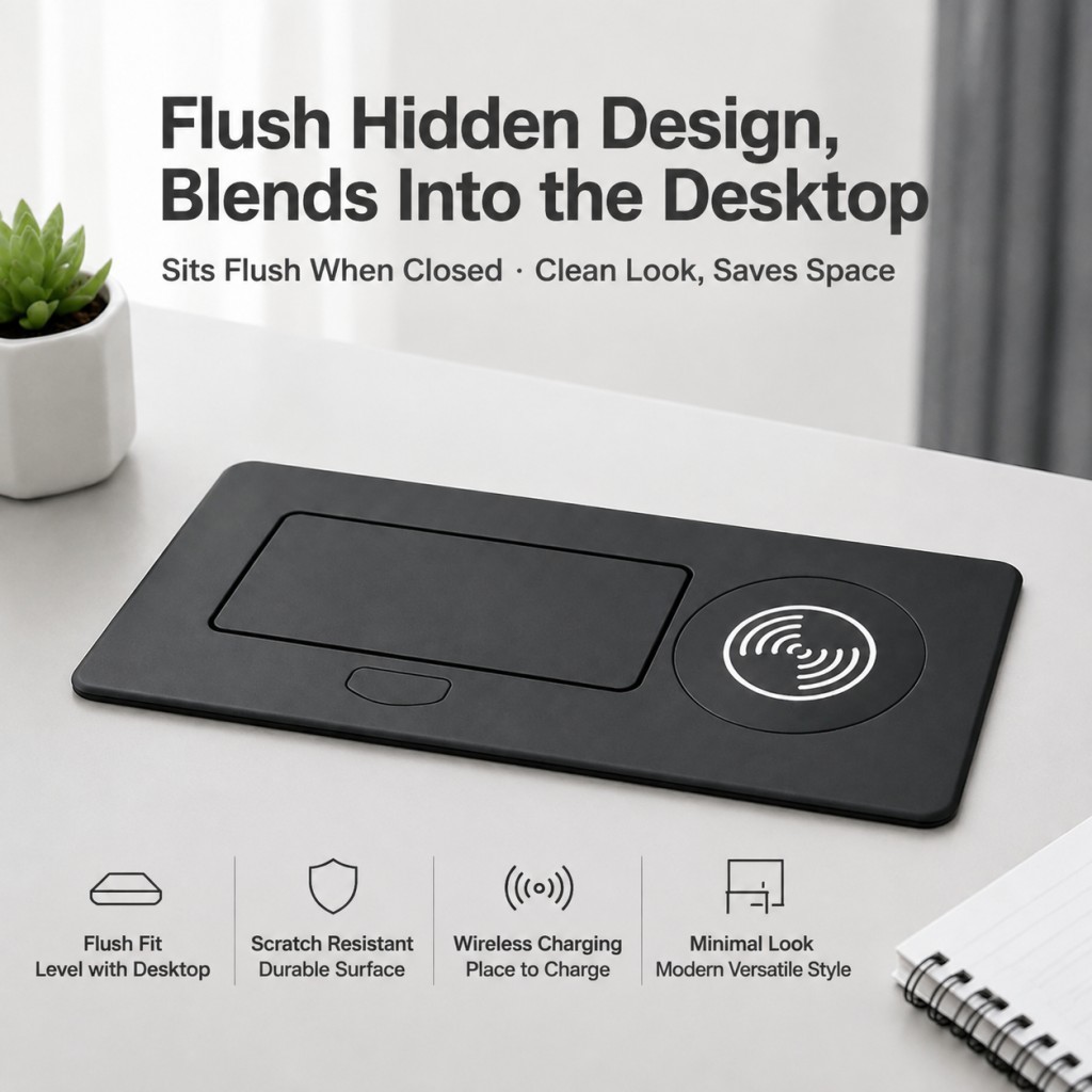 SAA Certified Recessed Pop Up Socket Box with Wireless Charger and Dual USB-A for Desk Power Hub