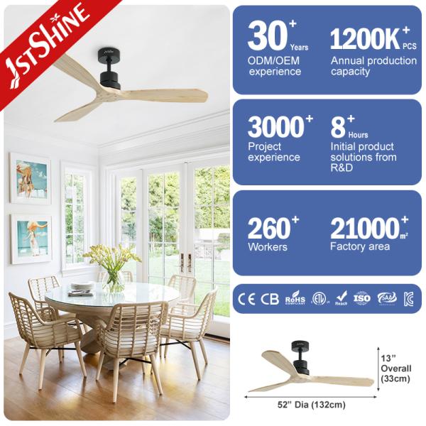 Ventilateur de plafond à moteur à courant continu économe en énergie avec lames en bois naturel et télécommande intelligente