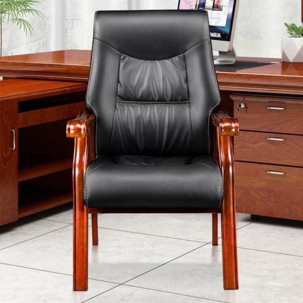 Basics Conference Wooden Task Desk Armrests Meeting Chair with Black Faux Leather Padded High-Back Training Chair for Office