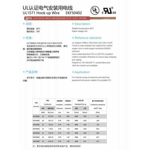 30V UL1571 hook up wire ECHU UL cable
