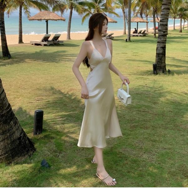 Suspender Womens Vacation Dresses Backless Tie Back Low Cut V Neck