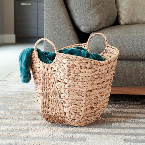 Tall Water Hyacinth Wicker Basket with Handles | Natural, Brown, Natural Bathroom Trash Can Boho Style - Wicker Trash Can With Lid For Household, Kitchen - Removable Liner, Iron Frame