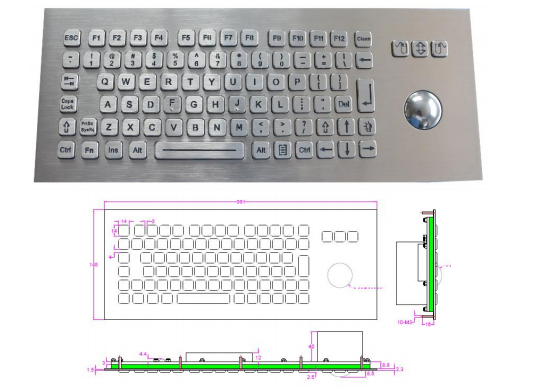 Panel Mounted Metal Rugged Keyboard With Backlit USB Optical Trackball