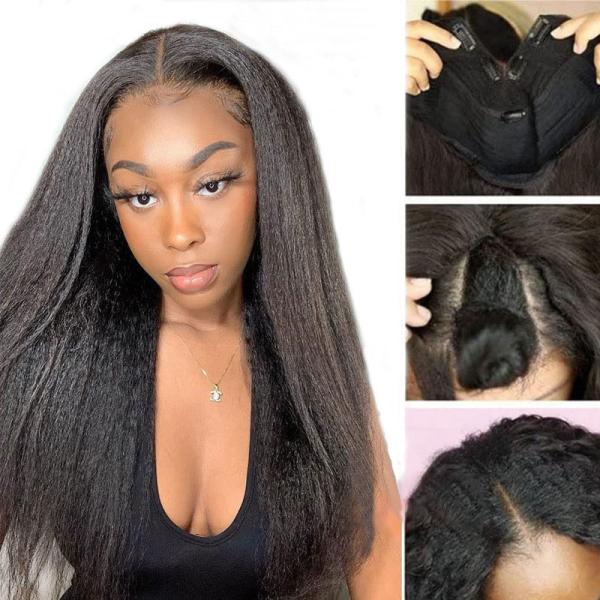 Wigs Length Long V Part Glueless Afro Kinky Straight Human Hair Wig 250% Density