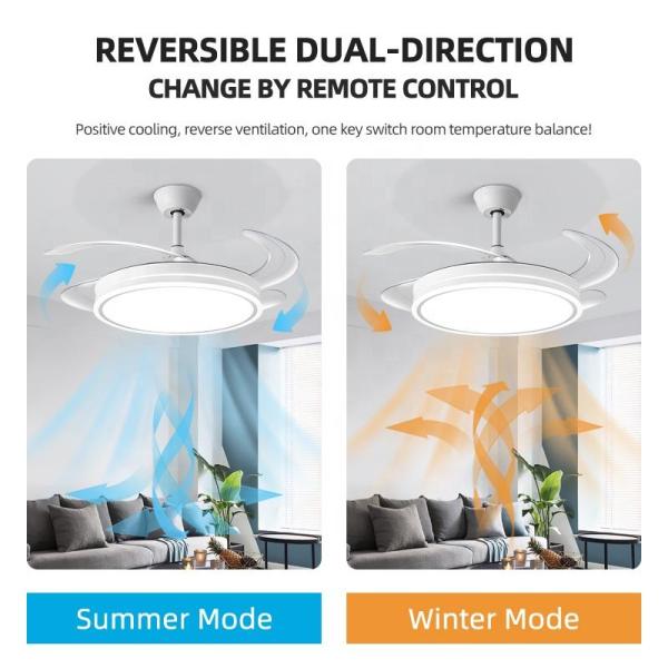 Ventilateurs de plafond intelligents Ventilateurs avec lumières télécommande Lampes de décoration de chambre à coucher 52cm Lampe invisible à l'air Lamelles rétractables silencieux