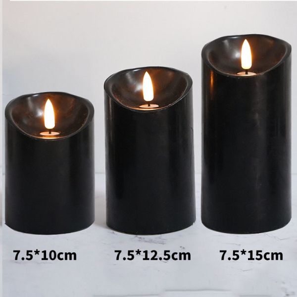 Battery Powered 3d Flame Wick Flickering Black Real Wax Pillar Led Candle Light with Remote Control Timer for Home Decor