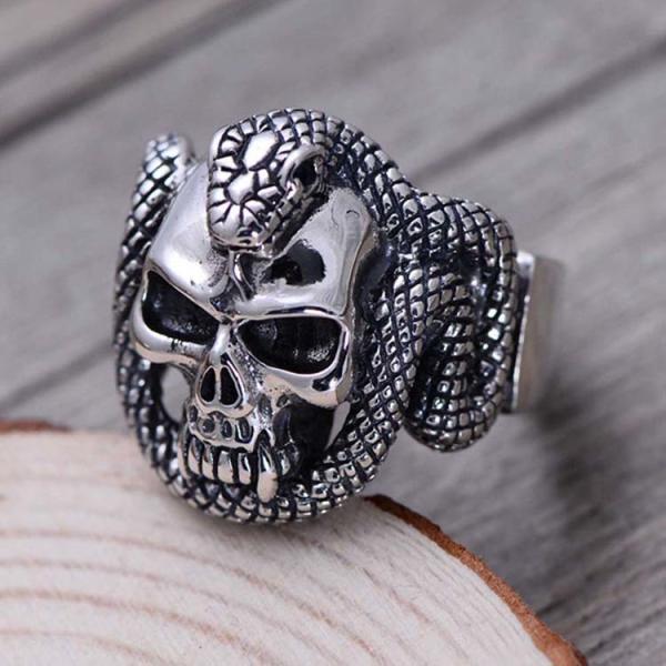 Mens Retro Vintage Sterling Silver Ring Engraved Skull and Snake Design(024572)