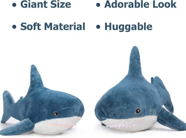 MorisMos 40-Inch Unisex Giant Shark Soft Plush Toy Cute Cotton Stuffed Hugging Pillow Kids' Stress Relief Gift Custom Washed PP