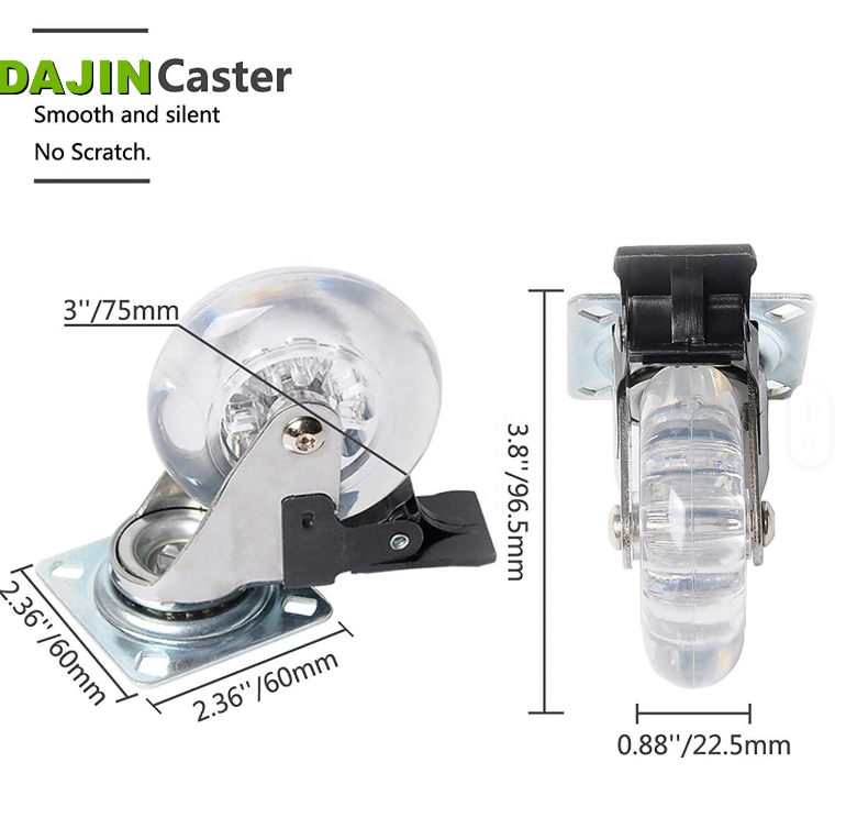 2-Inch 3-Inch and 4-Inch 100 mm Clear Swivel Brake Caster Wheels Made of Silicone for Office Chairs Cabinets and Furniture