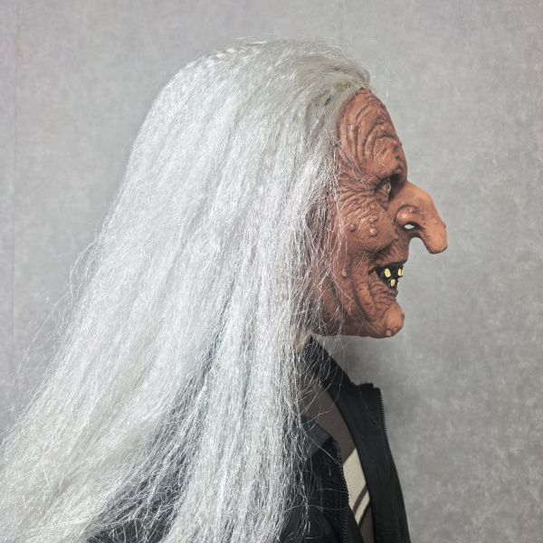 Terrifying Witch Mask - Long Grey Hair & Wrinkled Skin for Halloween Cosplay
