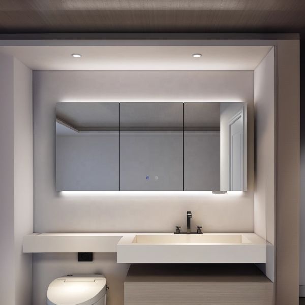 Modern Smart Mirror LED Light Anti-Fog Wall-Mounted Bathroom Vanity Storage Cabinet Water-Resistant Glass Aluminum Material