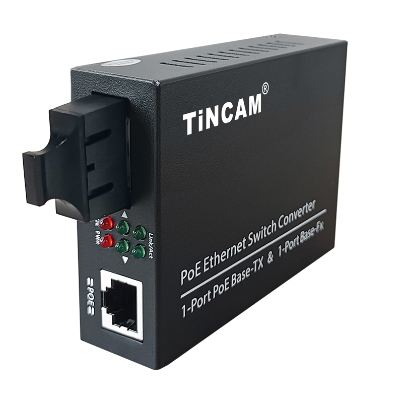 TiNCAM 10/100Mbps 1 Fiber 1 PoE Port Fiber Media Converter IEEE 802.3af/at 20km Single Mode Dual Fiber 1310nm SC 48W Power Adapter TBC-PSF4311E-D20S