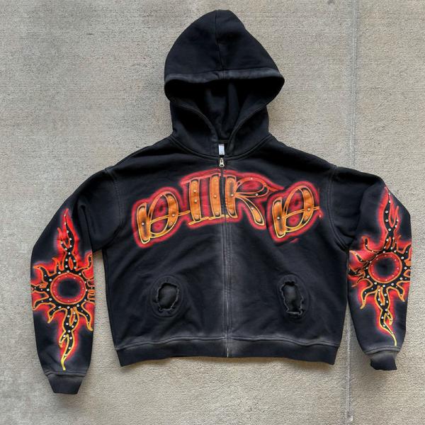 Custom Hiphop Streetwear Vintage Acid Wash Hoodies French Terry Zip up Hoodies Screen Printing Rhinestone Men's Cropped Hoodie