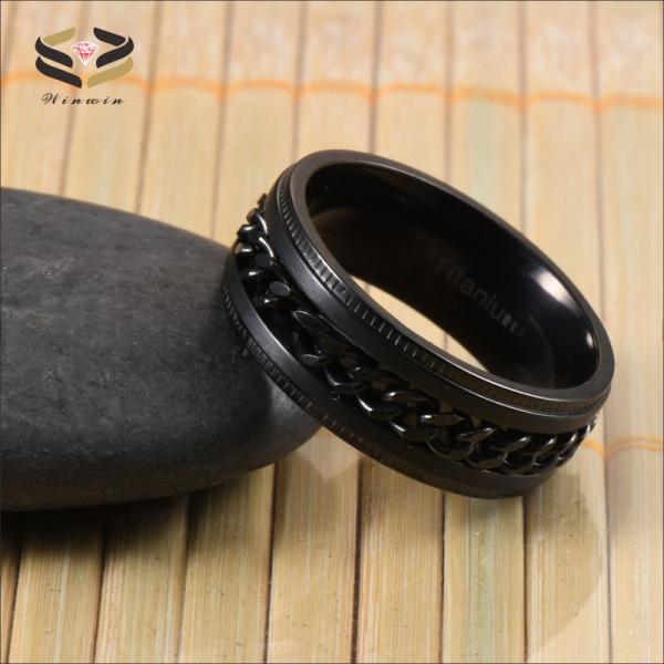 Gear Step Edge Black Titanium Rings Stainless Steel Chain Braided Inlay 8mm