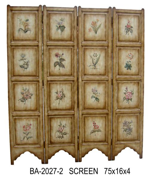 Vintage Countryside Carving 4 Panel Folding Screen Wooden Screen Room Divider