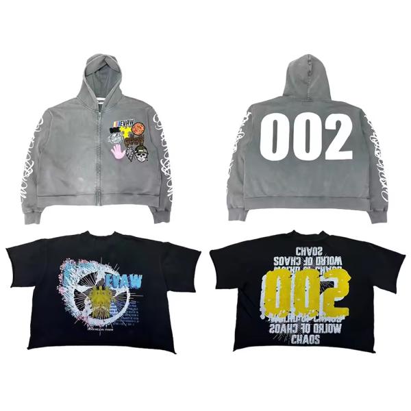 Autumn Custom Men'S Stone Acid Wash Cropped Boxy Embroidered Zip Up Hoodie Embroidered Vintage Sweatshirts