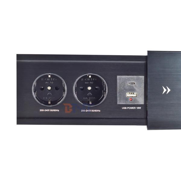 Slip-Open Euro Tabletop Electric Power Socket 2 AC Outlets USB A+C IP44 16A Rated Current for Office Use EU Plug Standard