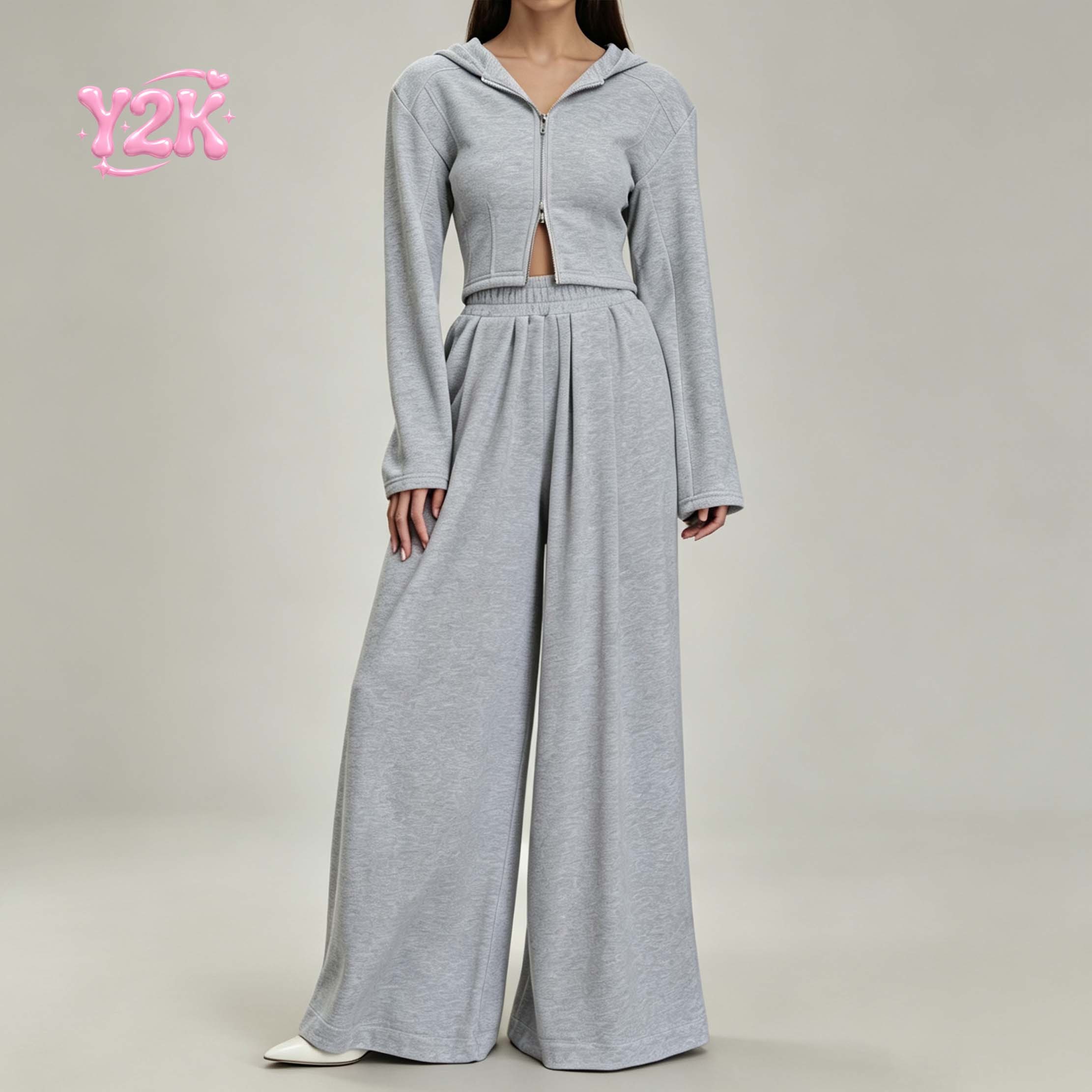 Custom Women's Cropped Zip Hoodie Pleated Wide Leg Pants Set