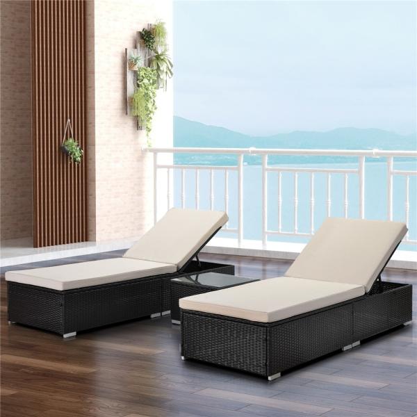 Outdoor Garden Wicker Patio Chaise Lounge Set Adjustable PE Rattan Reclining Chairs with Cushions and Side Table
