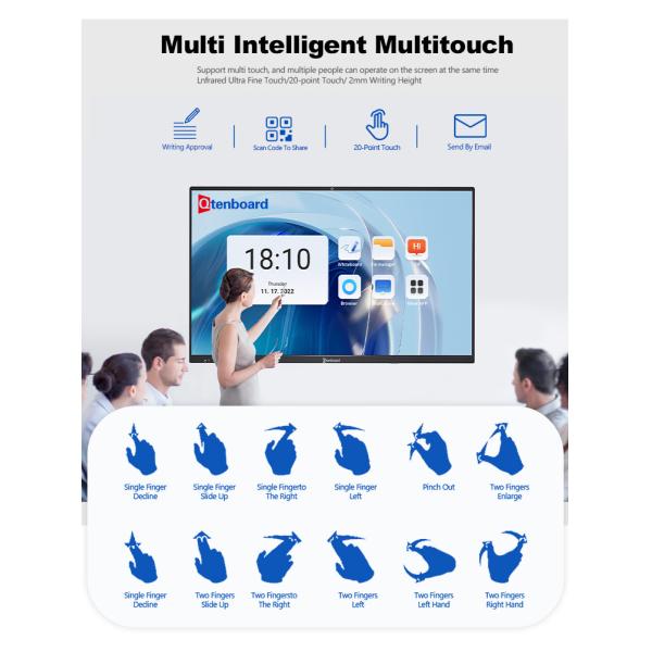 Qtenboard 4K Resolution Interactive Whiteboard with 40-50 Touch Points and Multi-Language Support Smart LCD Display