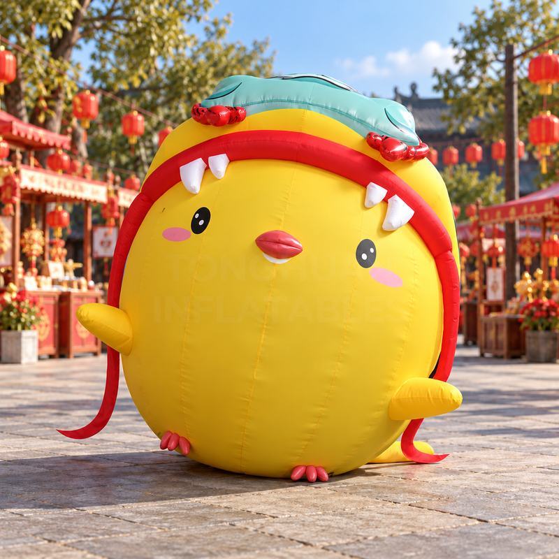 Custom Inflatable Yellow Chick Mascots with Lion Dance Hood and Red Hat Designs for Festivals and Mall Promotions