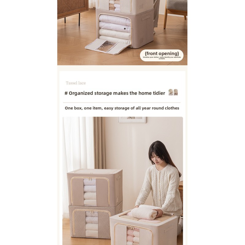 Modern Cotton Linen Clothing Storage Box with Steel Frame Foldable Quilt Down Jacket Organizer Fabric Storage Box